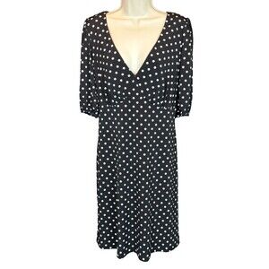 Connected Apparel Women's Black & White Polka Dot V Neck Knit Dress Sz. 10 NEW